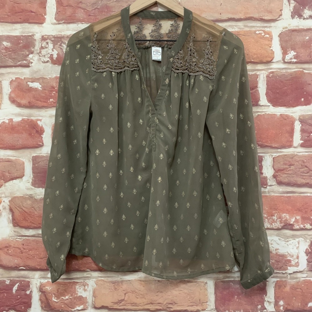 Bila Top Women's Small Green Boho Peasant Beaded Mesh Yoke Sheer Casual Shirt